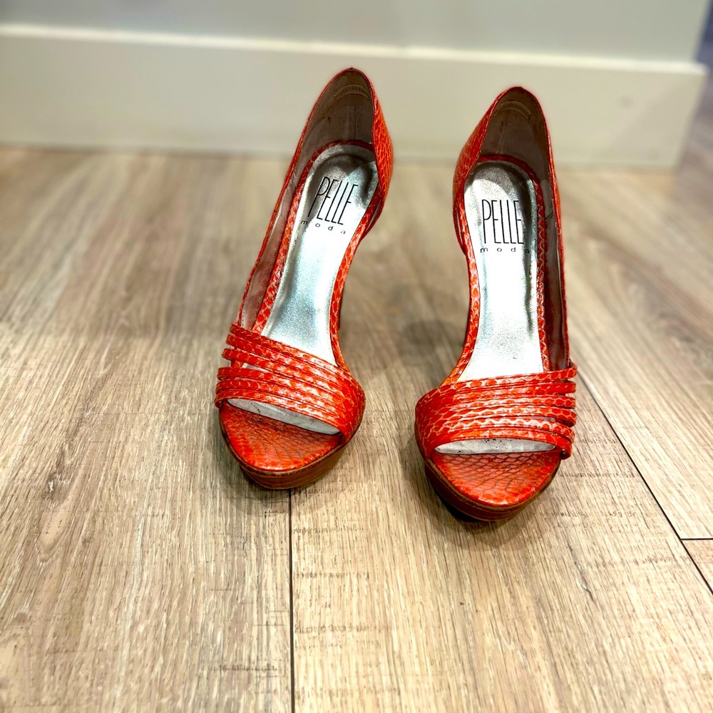 Pelle Moda Orange Snake Print Heeled Sandals